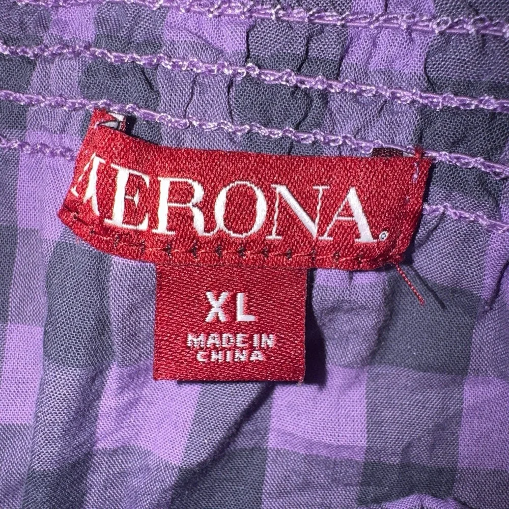 Merona Women's XL Purple Gingham Plaid Blouse Cap Sleeve Boho Cowgirl Cottage - Picture 2 of 12